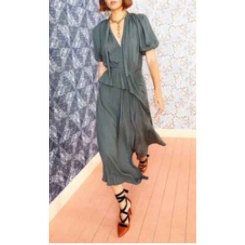 ULLA JOHNSON Leah Draped Ruffled Crepe Midi Dress - Size 6 - Picture 3 of 6